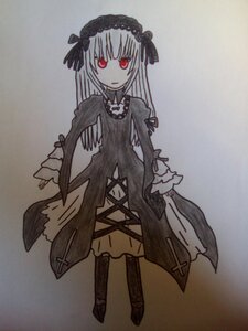 Rating: Safe Score: 0 Tags: 1girl bangs black_dress boots closed_mouth dress frills full_body hairband image juliet_sleeves long_hair long_sleeves looking_at_viewer puffy_sleeves red_eyes simple_background solo standing suigintou traditional_media wings User: admin