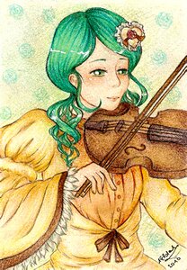Rating: Safe Score: 0 Tags: 1girl artist_name dated dress flower green_eyes green_hair hair_ornament image kanaria long_hair long_sleeves signature solo traditional_media upper_body violin User: admin