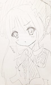 Rating: Safe Score: 0 Tags: 1girl bangs blush closed_mouth eyebrows_visible_through_hair hair_between_eyes image long_hair monochrome shinku sketch solo User: admin