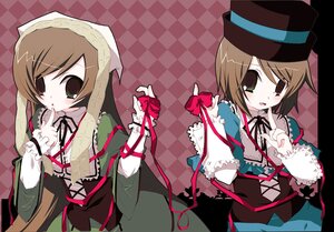 Rating: Safe Score: 0 Tags: 2girls argyle argyle_background brown_hair checkered checkered_background checkered_floor commentary_request doll dress frills green_eyes hat image kosori_(dennoukitan) long_hair long_sleeves multiple_girls pair red_eyes ribbon rozen_maiden short_hair siblings sisters souseiseki suiseiseki twins very_long_hair User: admin