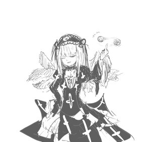 Rating: Safe Score: 0 Tags: 1girl bangs dress feathers greyscale hairband image long_hair long_sleeves monochrome simple_background solo suigintou white_background wings User: admin