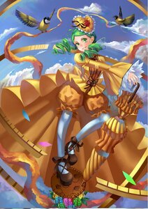 Rating: Safe Score: 0 Tags: 1girl bird cloud day drill_hair flower flying green_eyes green_hair hair_ornament hat image kanaria rose sky solo twin_drills User: admin