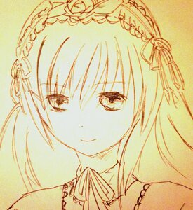 Rating: Safe Score: 0 Tags: 1girl closed_mouth eyebrows_visible_through_hair hair_ribbon image long_hair looking_at_viewer monochrome portrait ribbon smile solo suigintou traditional_media User: admin