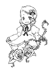 Rating: Safe Score: 0 Tags: 1girl drill_hair flower greyscale hair_ornament image kanaria long_sleeves monochrome rose simple_background smile solo thorns twin_drills twintails User: admin