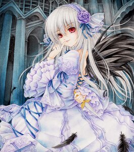 Rating: Safe Score: 0 Tags: 1girl arm_behind_back bare_shoulders biglove cage commentary_request doll_joints dress feathers finger_to_mouth flower frills hair_ornament hairband highres image joints knife lolita_fashion long_hair long_sleeves looking_at_viewer looking_back marker_(medium) photoshop_(medium) purple_flower purple_rose red_eyes ribbon rose rozen_maiden silver_hair solo stained_glass suigintou traditional_media very_long_hair wings User: admin