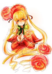 Rating: Safe Score: 0 Tags: 1girl blonde_hair blush bonnet bow dress flower green_bow green_neckwear image long_hair long_sleeves looking_at_viewer pink_rose red_capelet red_flower red_rose rose shinku solo twintails very_long_hair User: admin