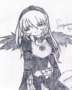 Rating: Safe Score: 0 Tags: 1girl closed_mouth dress greyscale hairband image long_hair long_sleeves looking_at_viewer monochrome solo suigintou traditional_media wings User: admin