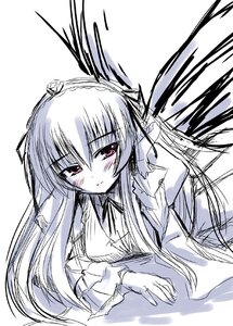 Rating: Safe Score: 0 Tags: 1girl blush breasts dress eyebrows_visible_through_hair frills image long_hair long_sleeves looking_at_viewer monochrome purple_theme rozen_maiden shinshin simple_background sketch solo spot_color suigintou upper_body white_background User: admin