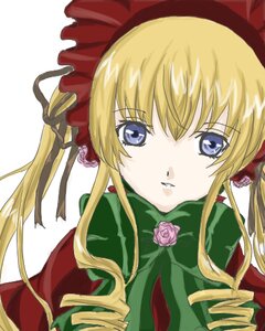 Rating: Safe Score: 0 Tags: 1girl blonde_hair blue_eyes bow bowtie capelet drill_hair flower green_bow image long_hair looking_at_viewer parted_lips pink_flower pink_rose rose shinku sidelocks simple_background solo twintails white_background User: admin