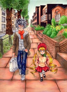 Rating: Safe Score: 0 Tags: 1boy 1girl blonde_hair blue_eyes blush bonnet building day denim dress drill_hair glasses house image jeans long_hair long_sleeves looking_at_viewer outdoors pants pavement scarf shinku shoes solo standing tree twintails very_long_hair User: admin