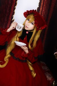 Rating: Safe Score: 0 Tags: 1girl blonde_hair blue_eyes bonnet cup dress flower lips long_hair looking_at_viewer red_dress saucer shinku sitting solo teacup very_long_hair User: admin