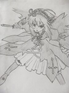 Rating: Safe Score: 0 Tags: 1girl dress frills full_body greyscale holding image long_sleeves looking_at_viewer monochrome ribbon simple_background solo standing suigintou traditional_media wings User: admin