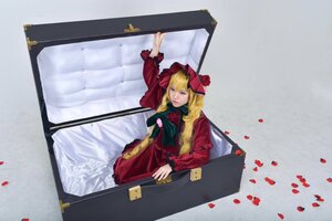 Rating: Safe Score: 0 Tags: 1girl bangs blonde_hair dress long_hair long_sleeves looking_at_viewer petals red_dress shinku sitting solo User: admin