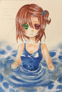 Rating: Safe Score: 0 Tags: 1girl brown_hair green_eyes hair_ornament heterochromia image one-piece_swimsuit open_mouth partially_submerged red_eyes school_swimsuit short_hair solo souseiseki swimsuit wading water wet User: admin