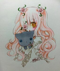 Rating: Safe Score: 0 Tags: 1girl artist_name bangs blush dress flower hair_flower hair_ornament holding image kirakishou long_hair looking_at_viewer marker_(medium) photo pink_flower pink_hair pink_rose rose signature solo stuffed_animal thorns traditional_media vines watercolor_(medium) yellow_eyes User: admin