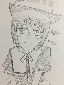Rating: Safe Score: 0 Tags: 1girl animal_ears blush cat_ears dated graphite_(medium) greyscale hat image looking_at_viewer monochrome short_hair signature sketch smile solo souseiseki traditional_media User: admin