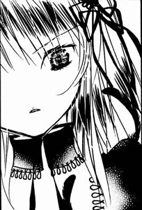 Rating: Safe Score: 0 Tags: 1girl bangs blush flower greyscale hair_flower hair_ornament image long_hair looking_at_viewer monochrome ribbon simple_background solo suigintou white_background User: admin