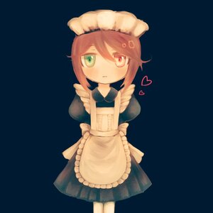 Rating: Safe Score: 0 Tags: apron blue_background brown_hair dress green_eyes hat heart heterochromia image long_sleeves looking_at_viewer simple_background solo souseiseki User: admin