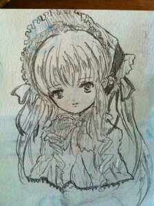 Rating: Safe Score: 0 Tags: 1girl bangs bonnet bowtie closed_mouth dress frills image long_hair long_sleeves looking_at_viewer monochrome photo shinku simple_background solo traditional_media upper_body User: admin