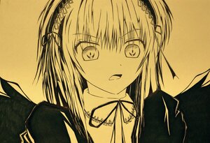 Rating: Safe Score: 0 Tags: 1girl bangs eyebrows_visible_through_hair frilled_hairband hair_between_eyes hairband image long_hair long_sleeves looking_at_viewer monochrome neck_ribbon open_mouth simple_background solo suigintou traditional_media upper_body User: admin