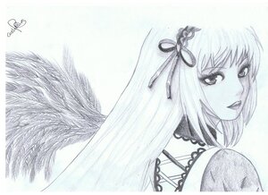 Rating: Safe Score: 0 Tags: 1girl auto_tagged bangs hair_ornament hair_ribbon image long_hair looking_at_viewer looking_back monochrome ribbon signature solo suigintou upper_body wings User: admin