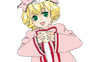 Rating: Safe Score: 0 Tags: 1girl :d blonde_hair bow food fruit green_eyes hina_ichigo hinaichigo holding_food image long_sleeves looking_at_viewer open_mouth pink_bow short_hair simple_background smile solo striped upper_body white_background User: admin
