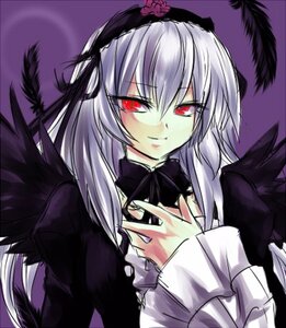 Rating: Safe Score: 0 Tags: 1girl auto_tagged black_wings dress flower frills hairband image juliet_sleeves long_hair long_sleeves looking_at_viewer puffy_sleeves purple_background red_eyes silver_hair simple_background smile solo suigintou upper_body wings User: admin