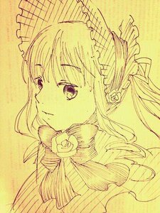 Rating: Safe Score: 0 Tags: 1girl auto_tagged bangs bonnet closed_mouth eyebrows_visible_through_hair flower frilled_hairband hairband image long_hair looking_at_viewer monochrome portrait rose shinku simple_background smile solo traditional_media yellow_background User: admin