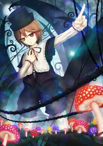 Rating: Safe Score: 0 Tags: 1girl brown_hair dress frills hat heterochromia image index_finger_raised long_sleeves looking_at_viewer outstretched_arm pointing red_eyes ribbon short_hair solo souseiseki suiseiseki top_hat User: admin