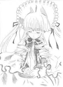 Rating: Safe Score: 0 Tags: 1girl blush bow closed_eyes dress greyscale image long_hair monochrome ribbon shinku solo User: admin