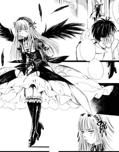 Rating: Safe Score: 0 Tags: 1boy 1girl black_wings boots closed_eyes comic dress feathered_wings feathers flower frills greyscale hairband high_heel_boots high_heels image lolita_hairband long_hair long_sleeves monochrome multiple_girls ribbon solo suigintou thighhighs wings User: admin