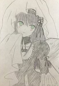 Rating: Safe Score: 0 Tags: 1girl bangs bridal_veil dress green_eyes image jewelry long_sleeves looking_at_viewer monochrome navel necklace smile solo suigintou traditional_media veil User: admin