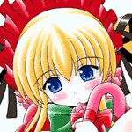 Rating: Safe Score: 0 Tags: 1girl blonde_hair blue_eyes blush bow hat image shinku solo User: admin