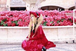 Rating: Safe Score: 0 Tags: 1girl blonde_hair blue_eyes blurry dress flower long_hair long_sleeves outdoors red_dress shinku sitting solo User: admin