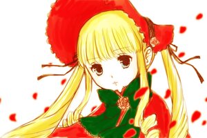 Rating: Safe Score: 0 Tags: 1girl blonde_hair blue_eyes bonnet bow bowtie drill_hair flower green_bow image long_hair looking_at_viewer petals rose rose_petals shinku sidelocks simple_background solo twintails white_background User: admin