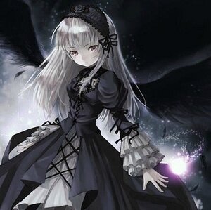 Rating: Safe Score: 0 Tags: 1girl black_wings cross dress flower frills gothic_lolita hairband image lolita_fashion lolita_hairband long_hair long_sleeves looking_at_viewer monochrome sky solo standing suigintou wings User: admin