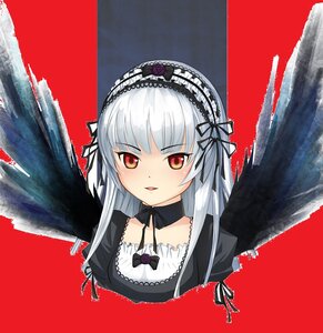 Rating: Safe Score: 0 Tags: 1girl black_ribbon black_wings detached_collar dress feathered_wings flower frills hairband image long_hair looking_at_viewer red_background ribbon rose silver_hair solo suigintou upper_body wings User: admin