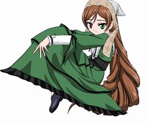 Rating: Safe Score: 0 Tags: 1girl bangs brown_hair dress drill_hair frills full_body green_dress green_eyes head_scarf heterochromia image long_hair long_sleeves looking_at_viewer red_eyes simple_background solo suiseiseki very_long_hair white_background User: admin