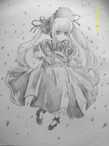 Rating: Safe Score: 0 Tags: 1girl dress drill_hair flower full_body greyscale image long_hair long_sleeves looking_at_viewer monochrome petals shinku shoes solo standing traditional_media twintails very_long_hair User: admin