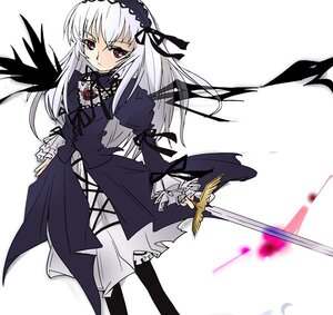 Rating: Safe Score: 0 Tags: 1girl black_wings dress flower frills hairband image long_hair long_sleeves looking_at_viewer pink_eyes puffy_sleeves ribbon rose silver_hair simple_background solo standing suigintou weapon white_background wings User: admin