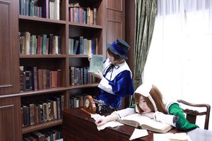 Rating: Safe Score: 0 Tags: 1boy 1girl book book_stack bookshelf brown_hair hat indoors library long_hair multiple_cosplay open_book ribbon sitting tagme User: admin
