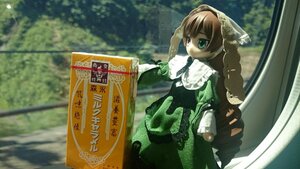 Rating: Safe Score: 0 Tags: 1girl brown_hair doll dress green_dress green_eyes long_hair long_sleeves looking_at_viewer outdoors solo suiseiseki User: admin