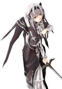 Rating: Safe Score: 0 Tags: 1girl black_ribbon dress duplicate frilled_sleeves frills image kurokoeda long_hair long_sleeves looking_at_viewer pink_eyes ribbon rozen_maiden silver_hair simple_background solo standing suigintou sword weapon white_background User: admin