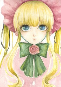 Rating: Safe Score: 0 Tags: 1girl bangs blonde_hair blue_eyes bonnet bow bowtie flower green_bow image long_hair looking_at_viewer pink_bow pink_flower pink_rose portrait rose shinku sidelocks simple_background solo traditional_media twintails white_background User: admin