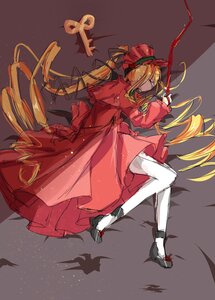 Rating: Safe Score: 0 Tags: 1girl blonde_hair bonnet dress drill_hair image long_hair long_sleeves pantyhose red_dress ribbon shinku solo twintails User: admin