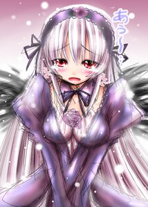 Rating: Safe Score: 0 Tags: 1girl black_wings blush breasts dress flower frills hairband image long_hair long_sleeves looking_at_viewer open_mouth red_eyes silver_hair solo suigintou wings User: admin