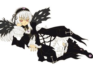 Rating: Safe Score: 0 Tags: 1girl black_wings boots detached_collar dress flower frilled_sleeves frills full_body hairband image long_hair long_sleeves looking_at_viewer pink_eyes ribbon rose simple_background solo suigintou white_background wings User: admin