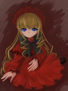 Rating: Safe Score: 0 Tags: 1girl blonde_hair blue_eyes bonnet bow bowtie dress drill_hair flower image long_hair long_sleeves looking_at_viewer red_dress rose shinku sitting solo User: admin