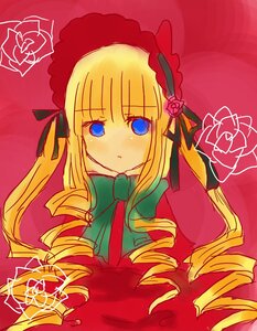 Rating: Safe Score: 0 Tags: 1girl blonde_hair blue_eyes bonnet bow dress drill_hair flower green_bow image long_hair long_sleeves looking_at_viewer pink_background pink_rose red_flower red_rose ringlets rose shinku simple_background solo twin_drills upper_body User: admin