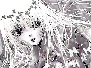 Rating: Safe Score: 0 Tags: 1girl blue_butterfly bug butterfly butterfly_hair_ornament eyelashes face greyscale image insect monochrome solo suigintou User: admin